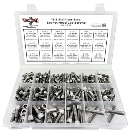 Boltsandnuts.Com Inch 18-8 Stainless Steel Socket Cap Screws Assortment - 211 PCS Assortment Kit #254